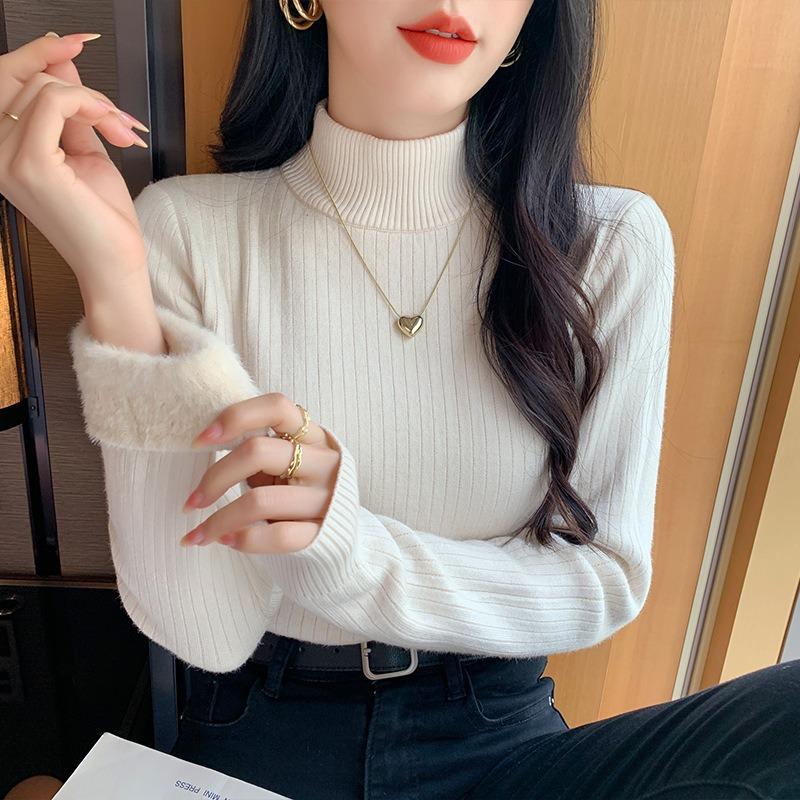 Pit Strip Semi-turtleneck Integrated Imitation Mink Velvet Bottoming Shirt Top Women's Autumn and Winter Slim-fitting Inner with Warm Knitted Sweater