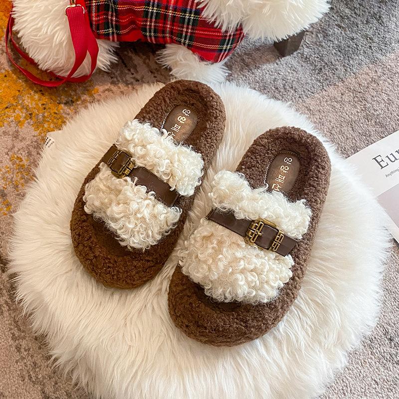 

Плюшевые тапочки на толстой подошве с плюшевым покрытием для улицы 2025 осень-зима новинка с пряжкой на ремешке домашняя одежда плюшевые хлопковые тапочки женские 40 бежевый