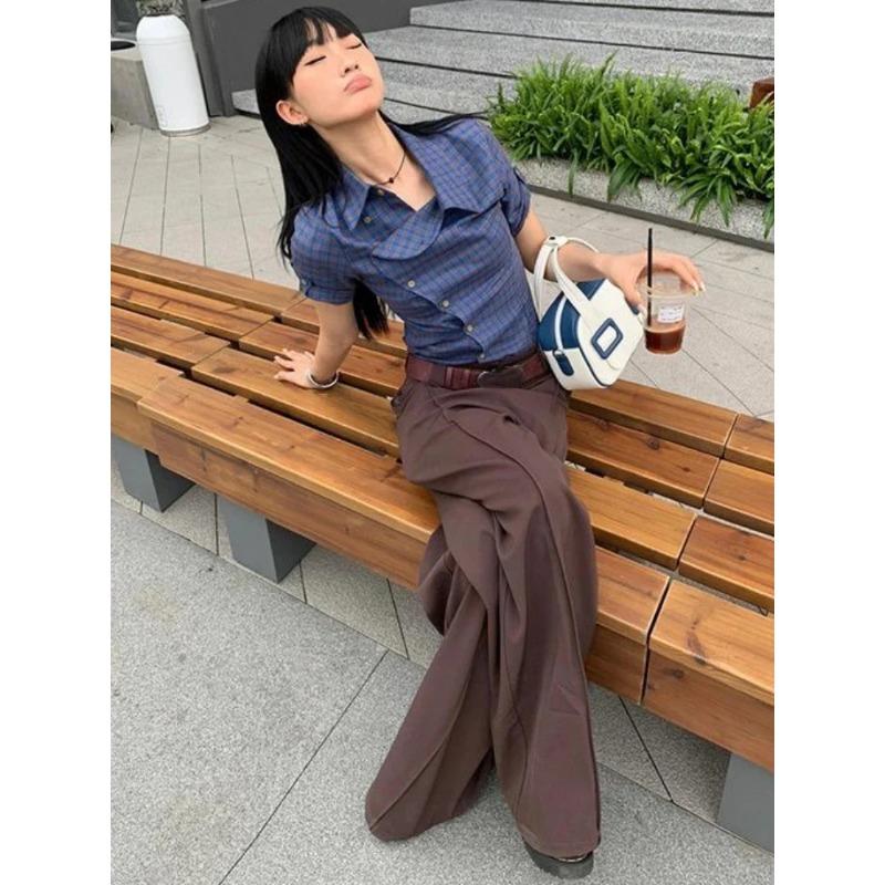 Y2k estetické vintage kostkované Harajuku košile letní jednořadé dámské ležérní halenky japonské štíhlé streetwear blůzy de mujer