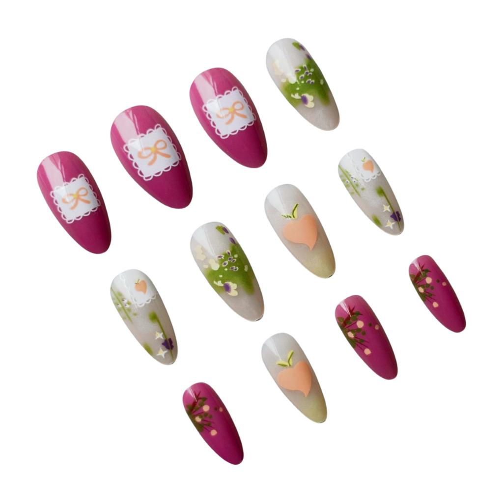24PCS Retro Style Fake Nails with Flower Printed Sweet & Charming Reusable False Nails for Daily and Parties Wearing