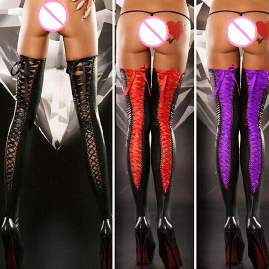 Dámské sexy punčochy po stehna z umělé kůže šněrovací bandáž dlouhé ponožky
