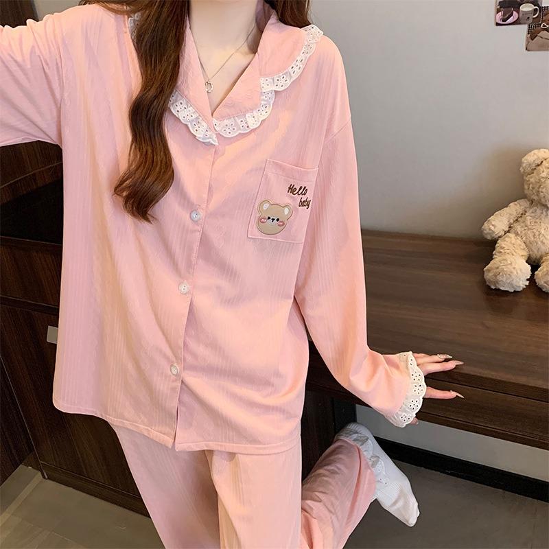 Sweet embroidery cartoon pajamas women's spring new jacquard contrasting lace long-sleeved sweet loungewear set