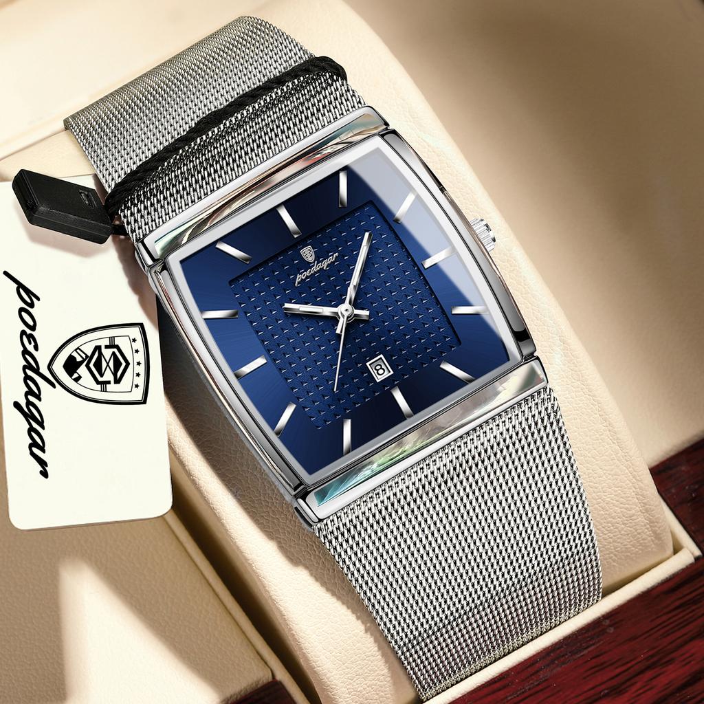 POEDAGAR Luxury Casual Men Clock Stainless Steel Mesh Date Waterproof Luminous Wristwatch Quartz Fashion Watches
