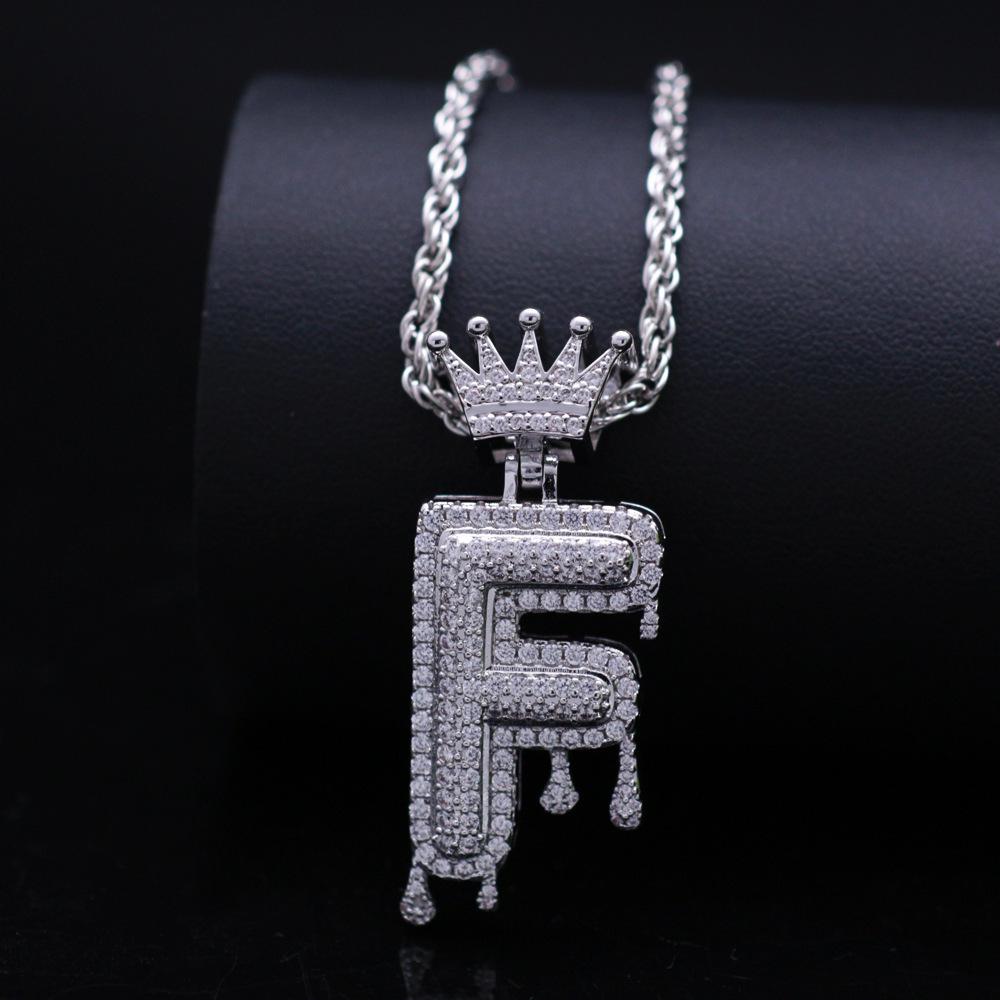 Stylish Hip Hop Zircon Crown Pendant Necklace with 26 English Letters for Women