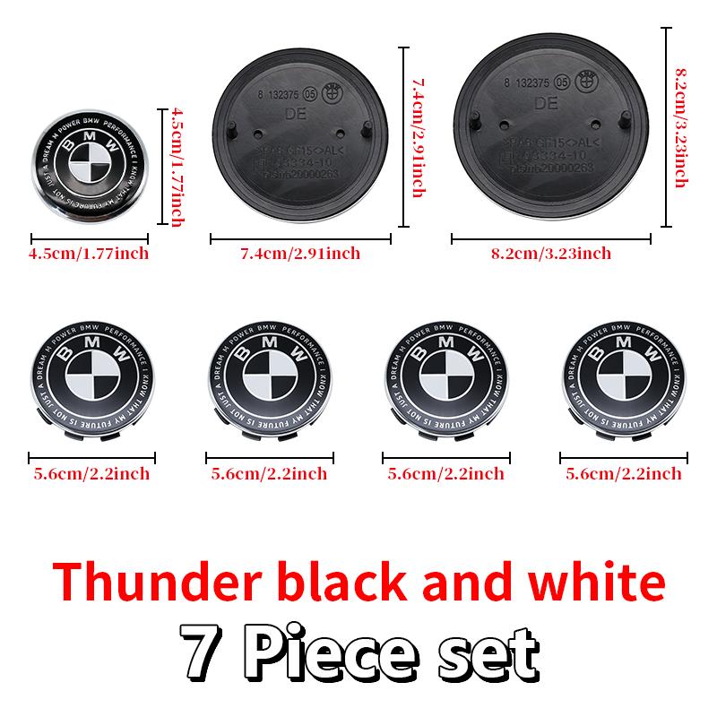 Competition Black White Emblem Set for BMW Hood Trunk Wheel Steering Badge 7Pcs 74m 82mm 68mm 56mm Universal 2-Pin 3-Pin Clips