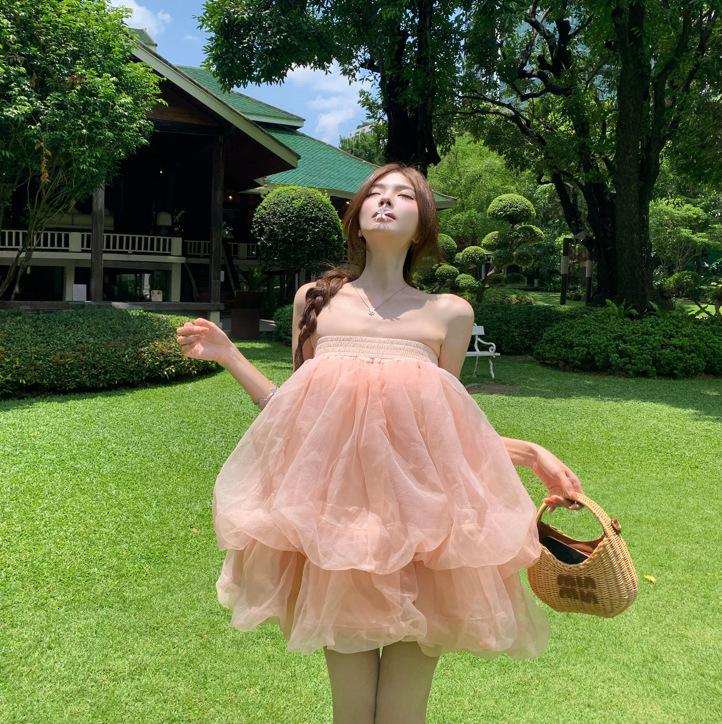 Super fairy gentle pink mesh fluffy tube top dress women's summer new princess style holiday short skirt