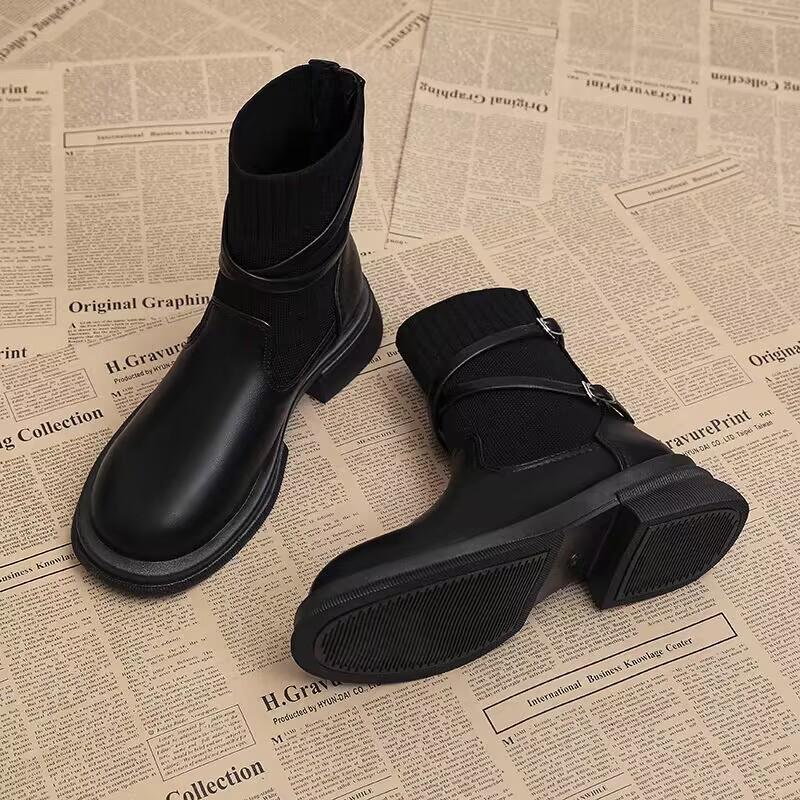 Thick Soled Retro Patchwork Sock Boots for Autumn 2026 Fashionable and Casual Korean Style Short Boots