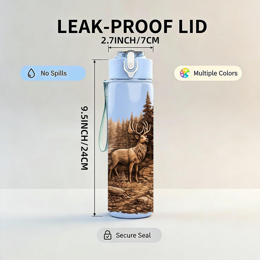 1PC Deer Pine Forest Wood Carving Style Print 750ml Color Plastic Sports Water Bottle Leakproof Flip Straw Lid Suitable for Sports Office Home Use