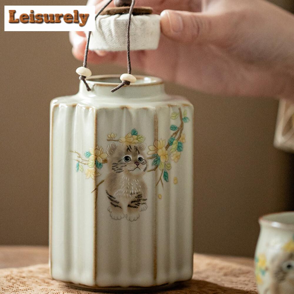 400ml Cream Ru Kiln Cute Cat Tea Box Organizer Moisture-proof Luxury Storage Tank Containers Tea Caddy Chinese Tea Set Ornaments