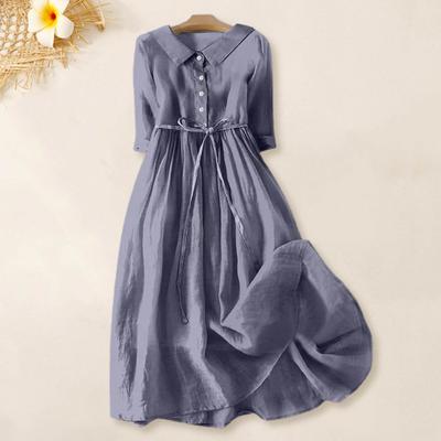 Women Summer Dress Turn-down Collar Bohemian Half Sleeves A-line Pleated High Belted Waist Big Hem Half Single-breasted Vacation Midi Dress