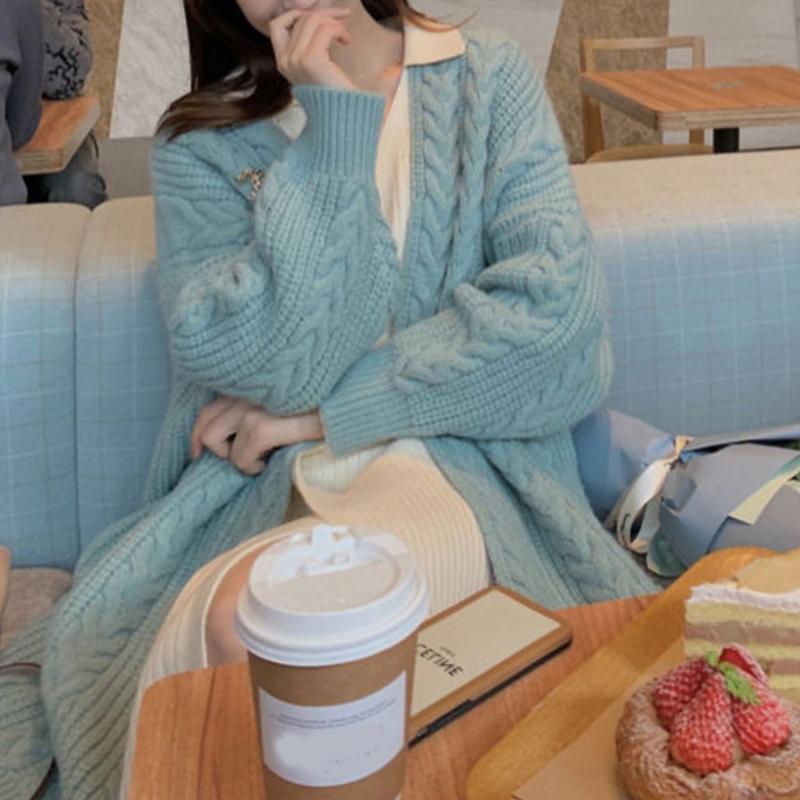 New Korean Style Knitted Cardigan Long Sweater Coat Women Casual Retro Twist V-neck Loose Spring and Autumn Fashion Long Sleeve Sweaters Simple Jacket