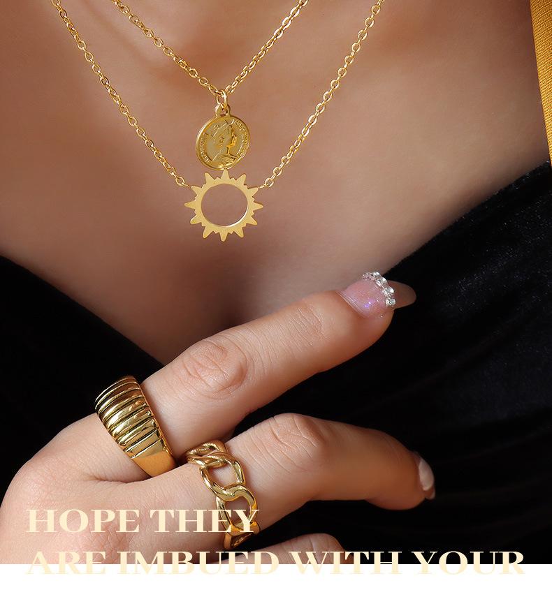 18K Gold Sun Embossed Portrait Pendant Necklace, Titanium Steel Clavicle Chain