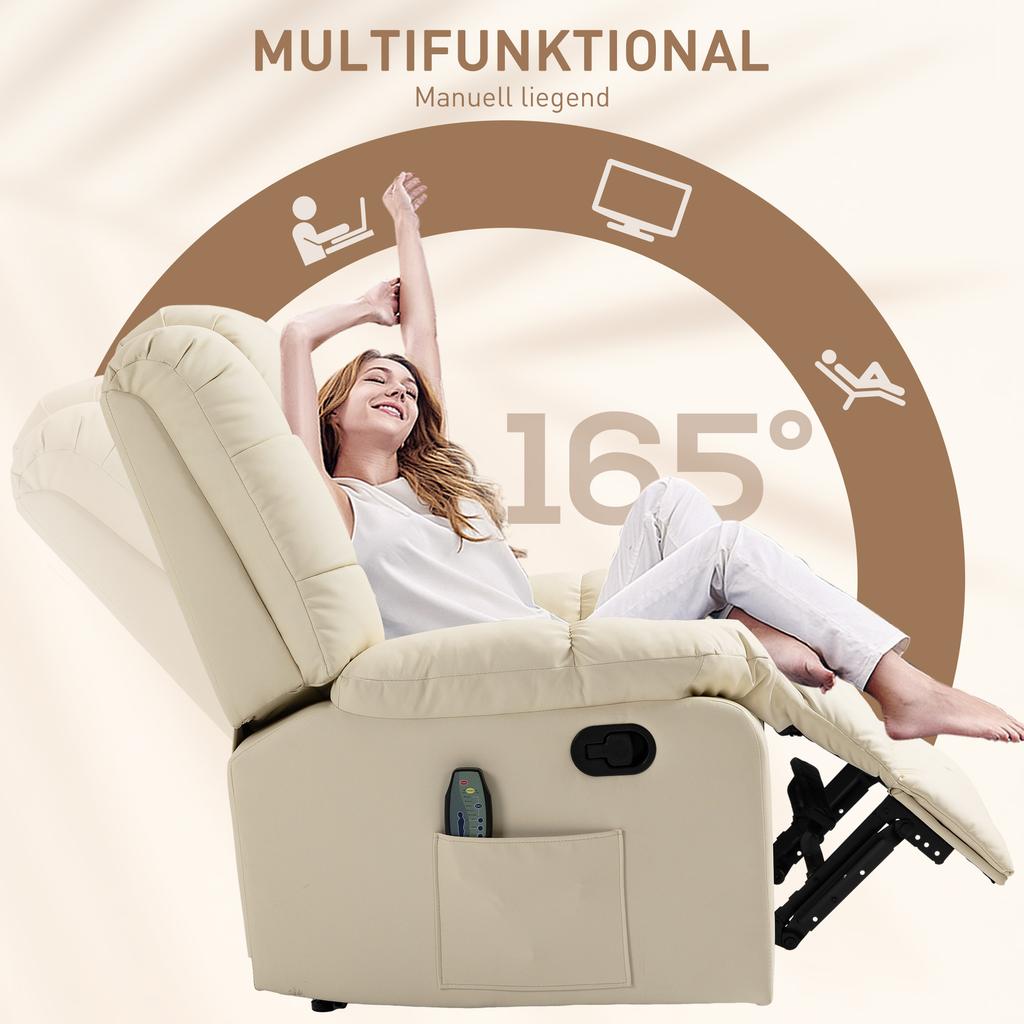 Massage Chair, Relax Chair, 8 Vibration Points, Reclining Function, Faux Leather, Cream White, 94x99x99cm