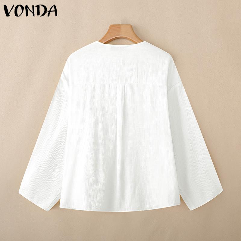 VONDA Women V Neck Long Sleeve Lace Up Ruffled Hem Semi-Sheer Shirts Blouse