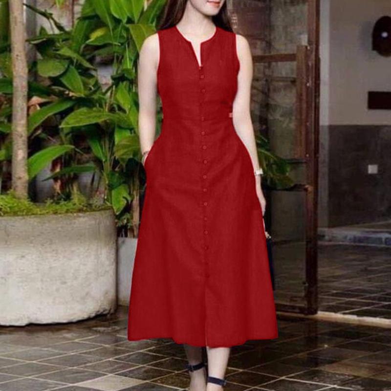 

ZANZEA Женское летнее повседневное длинное платье без рукавов с v-образным вырезом XL красный