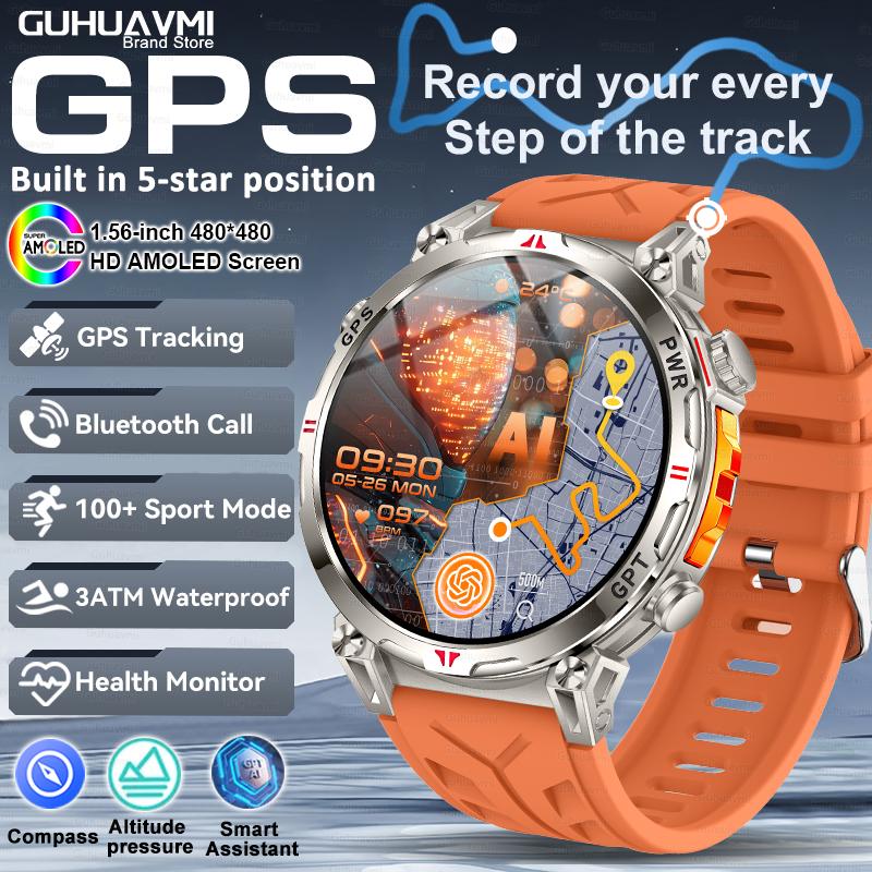 

New GPS Smart Watch AMOLED Screen 3ATM Waterproof Fitness tracking Heart Rate BT Call Professional Sports Smartwatch 650Mah 3ATM GPS GPT помаранчевий