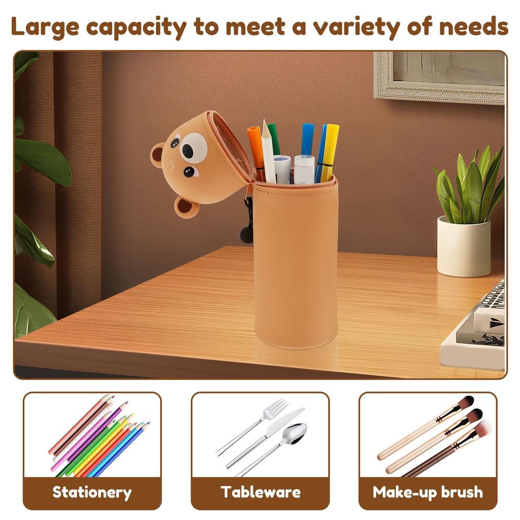 Soft Silicone Pencil Case 2 In 1 Cute Silicone Animal Pen Holder Telescopic Pencil Case with Zipper Closure for Students School