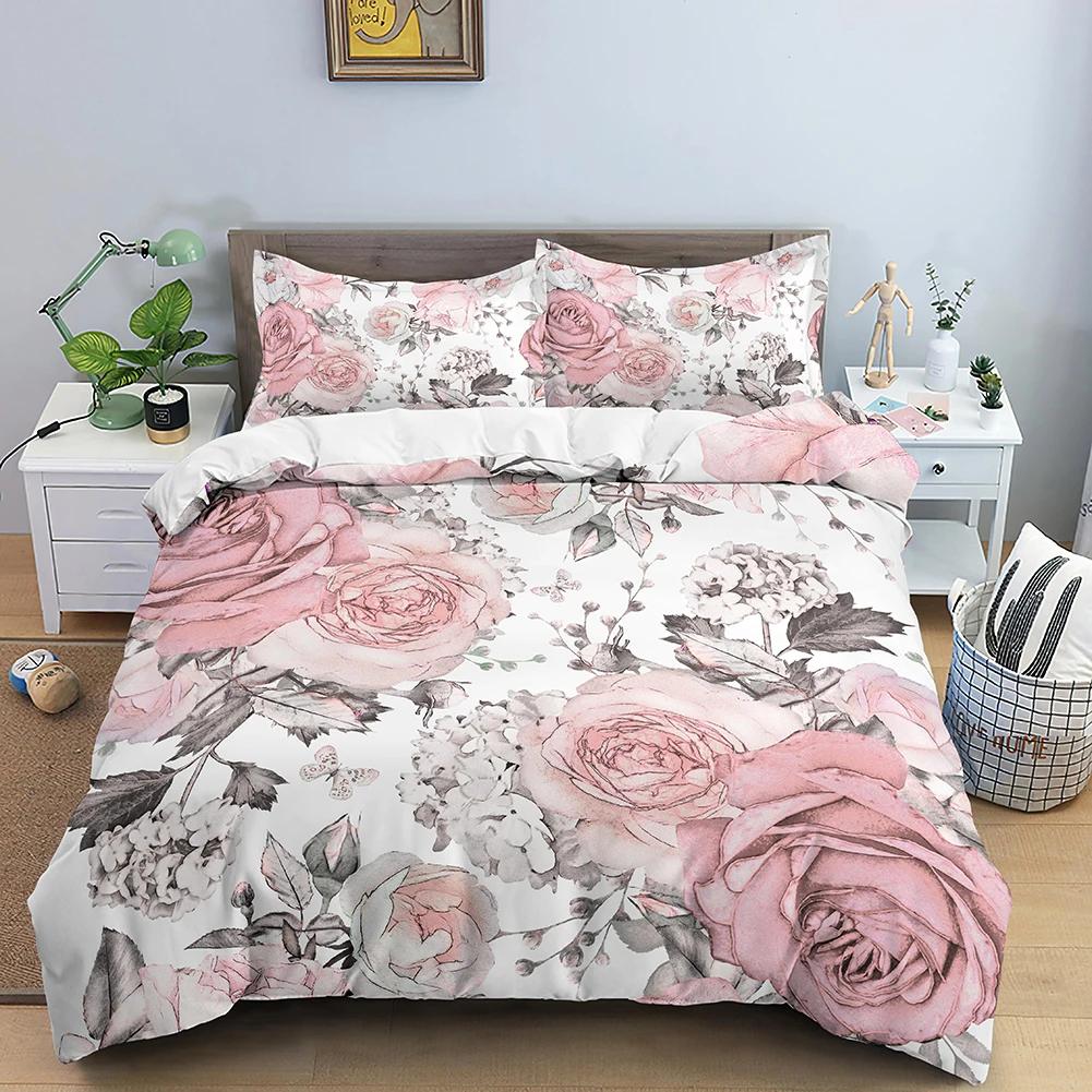 Flower Bedding Set Colorful Floral Duvet Cover Queen King Size Green Leaves Blossom Quilt Cover 2/3Pcs Polyester Comforter Cover
