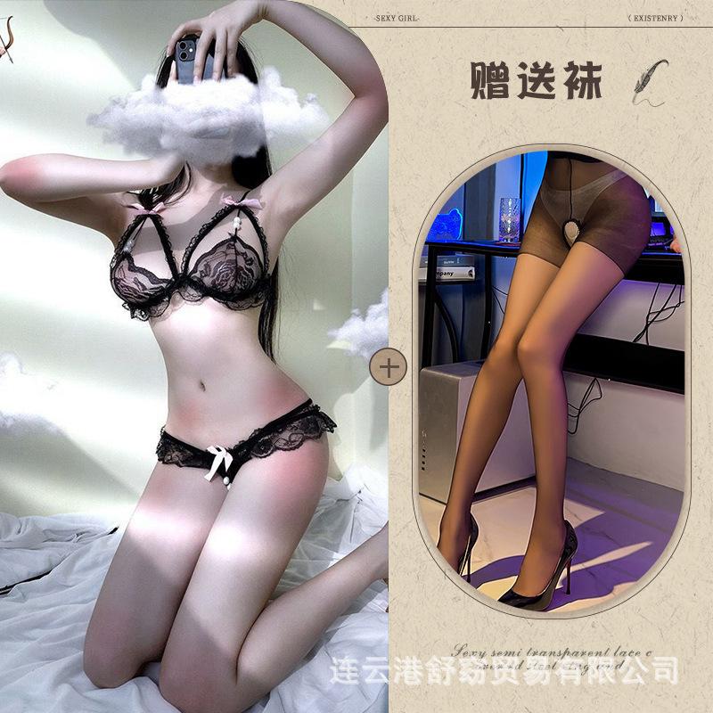 Sex underwear pearl underwear bra temptation transparent polyester women's three-point open crotch milk hair