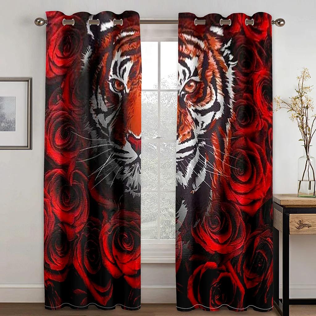Blue Wolfs Animals Rose Leopard Two Drape Thick Window Curtains for Living Room Bedroom Decor Tiger Pattern High Shading Drape
