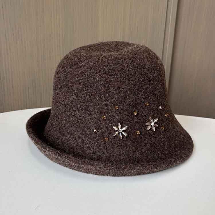 Retro Small Fragrant Style Fashion Wool Bucket Hat Women Autumn And Winter Warm Foldable Basin Hat Rhinestone Elegant Top Hat