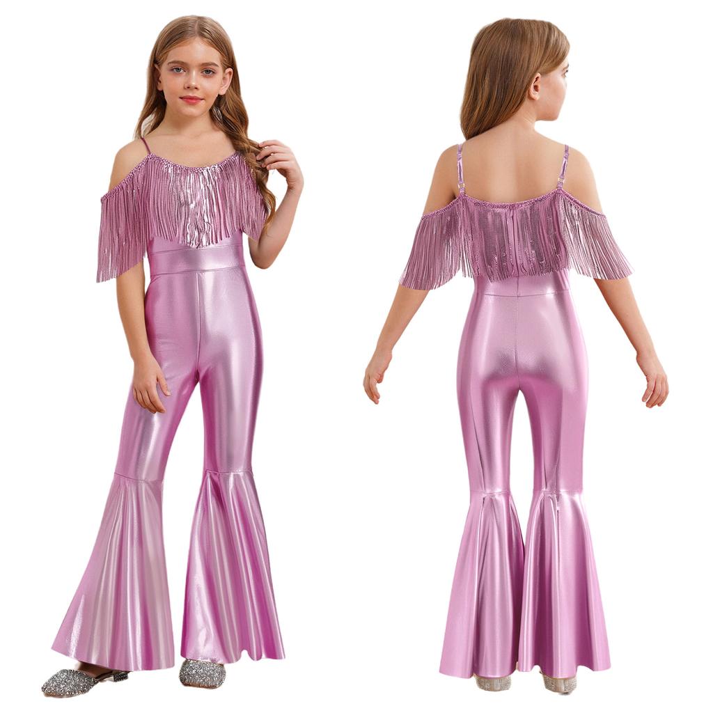 Sparkly Sequins Jumpsuit for Girls Spaghetti Strap Sleeveless with Tassels Flared Pants Pageant Club Outfit