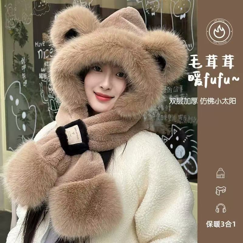 Plush Cute Fox Ear Hat Scarf One-piece Women's Autumn and Winter Hooded Scarf for Cycling and Keeping Warm