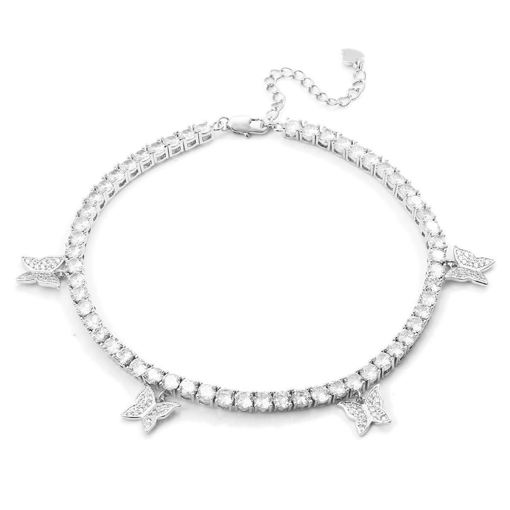 Fashion Women Jewelry Femme 4mm White Gold Plated Brass AAAAA CZ Diamond Tennis Bracelet Anklet With Buttfly Charm