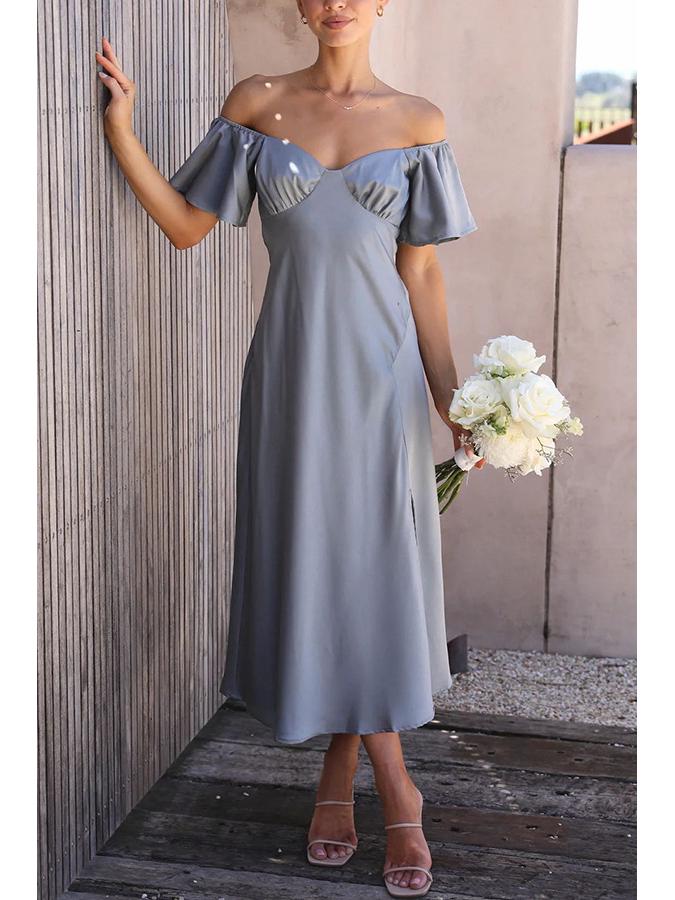 

2023 Повседневное женское однотонное атласное платье на одно плечо с плиссировкой Medium светло-синий