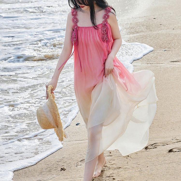 French Vacation Gradient Spaghetti Strap Chiffon Maxi Dress - Women's Beach Holiday Summer Skirt