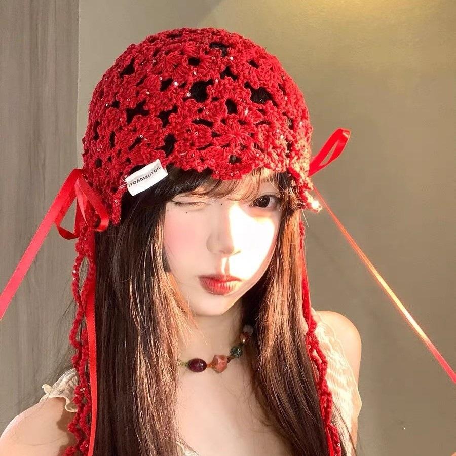 Pure Desire Wind Bow Hollow Bag Head Hat Women'S Summer Sweet Breathable Ethnic Wind Western Sichuan Travel Knitted Hat