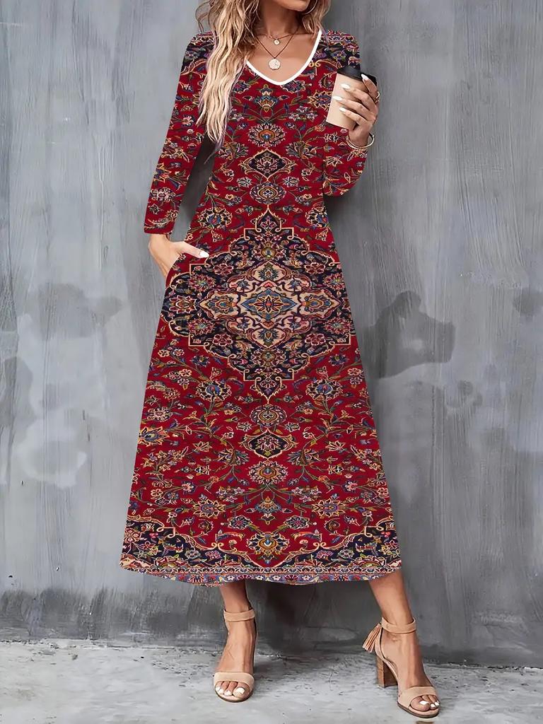 2025 Autumn and Winter New Women Casual Fashion Dress 3D Retro Totem Print  Long Sleeve V-Neck A-Line Dresses