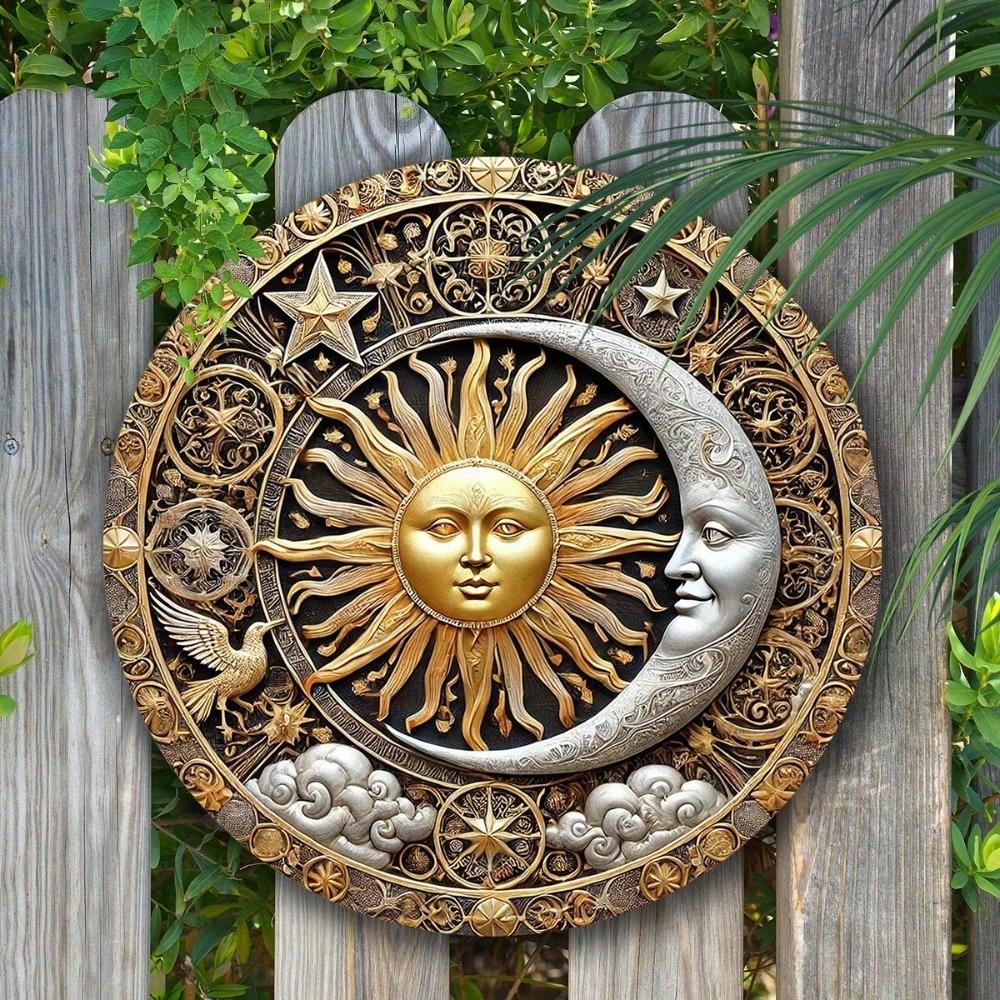 1pc Sun Moon Round Iron Sign Wall Art Home Bar Garden Decor Gift 20cm