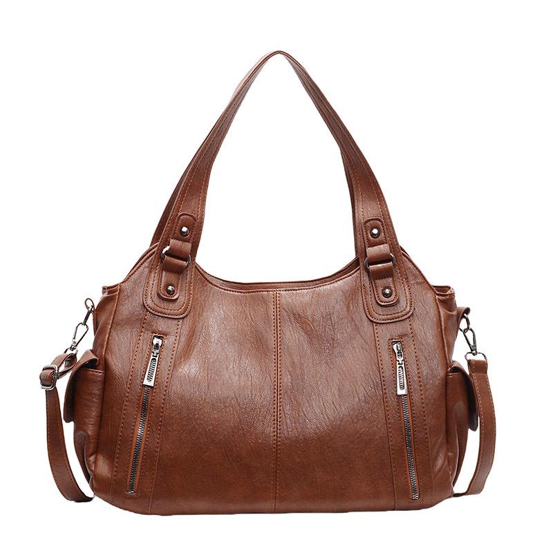 Women's High-End Versatile Korean Tote Bag - Brown Solid Color, Large Capacity, Single Shoulder Fashion Style