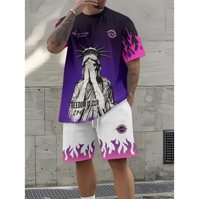 

Summer Men s Short-Sleeved Shorts Set with 3D Angel Print for Street Casual Fashion Comfortable and Soft S