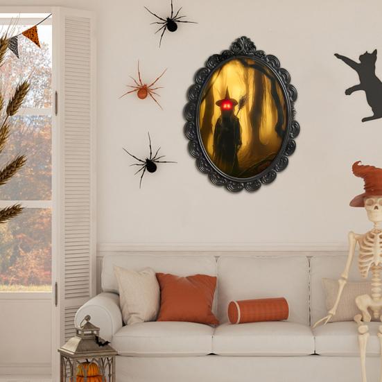 Witch Hologram Wall Mirror Spooky Halloween Glowing Ghost Mirror with Creepy Eyes for Indoor Bathroom Haunted House Decor