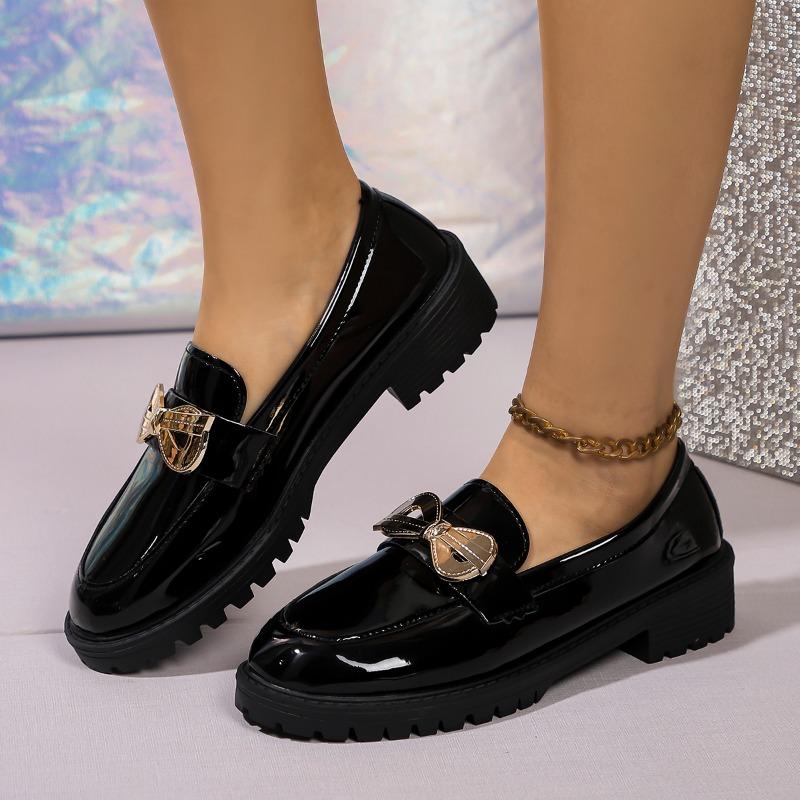 Fashion Women's Fashion Thick Heel Loafers Spring New Round Head Deep Bow Soft Sole Anti-slip Wear-resistant Single Shoes