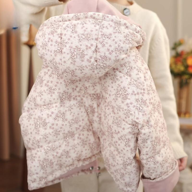 Girls Floral Print Hooded Cotton Jacket Warm Winter Coat Thickened Soft Outerwear