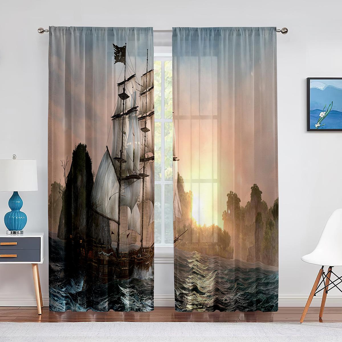 Пиратский корабль Морская фантазия Океан Звездное небо Тюль Шторы для гостиной Спальня Кухня Окно Шифоновые прозрачные шторы Жалюзи 1 PCS W100XH250cm&Rod Pocket