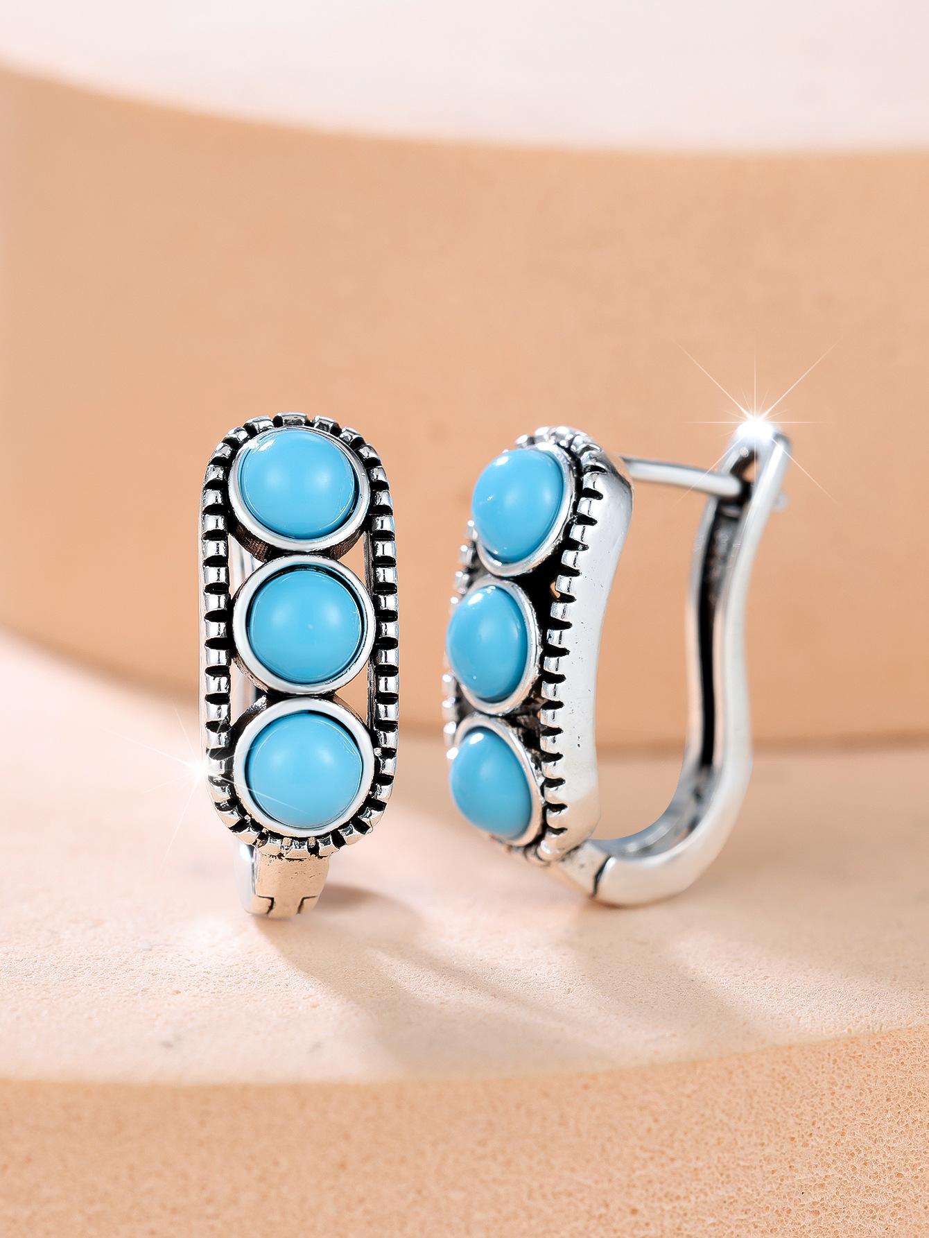 

Old round diamond turquoise ear buckles, retro niche women s earrings, versatile design
