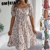 Spring Summer Floral-patterned Square-neck Short-sleeved, Waist-cinched, Ruffled A-line Skirt Women's Clothing