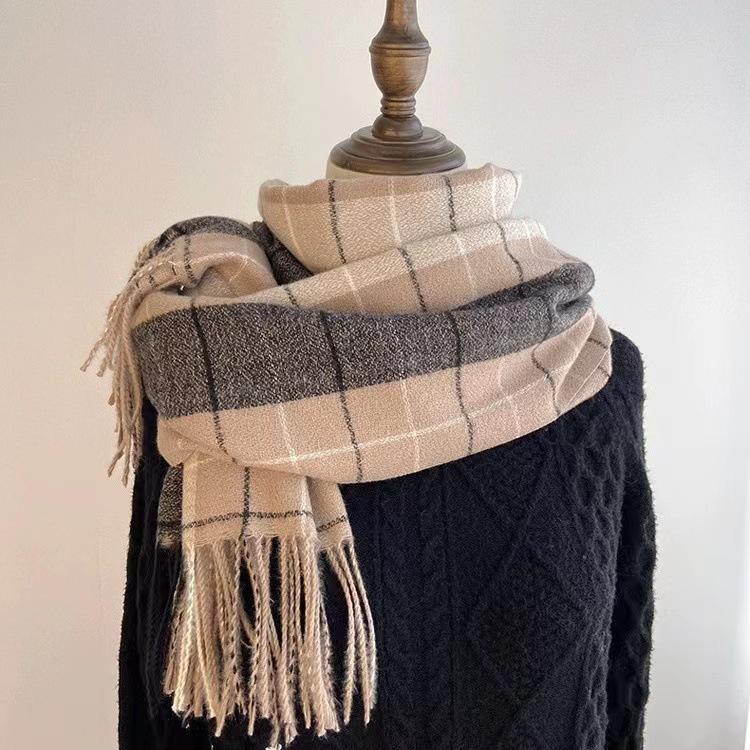 Women's Winter Plaid Imitation Cashmere Tassel Scarf, Thickened Korean Style Neck Warmer