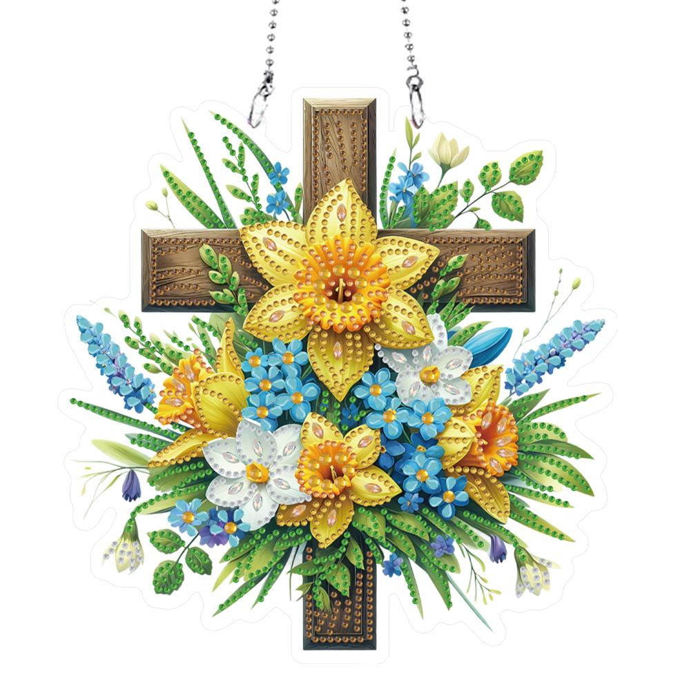 Acrylic Special Shaped Cross Flower Diamond Painting Hanging Decorations Rhinestone Diamond Art Window Pendants for Office Decor