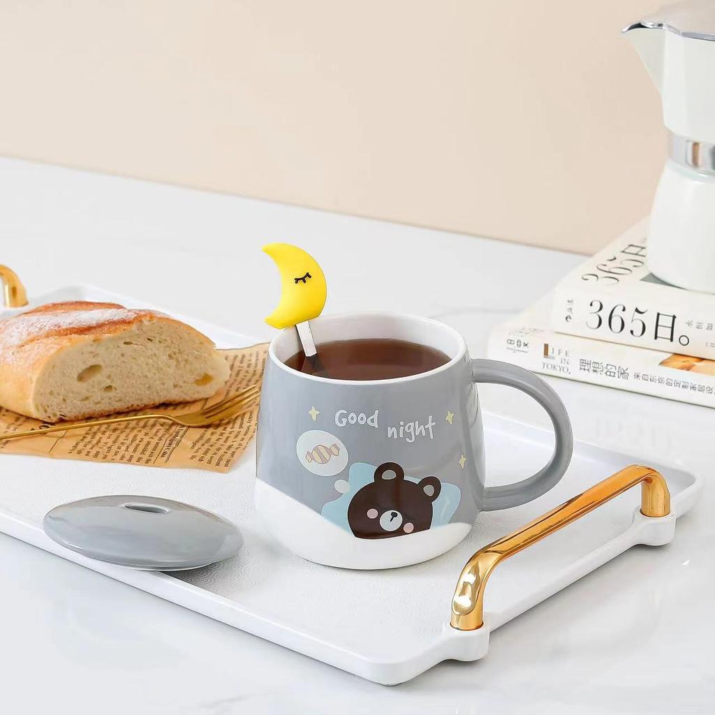 Cana de apă ceramică Model drăguț de desene animate cu capac cu linguriță lună Cană de cafea din sticlă pentru birou Rezistență la temperaturi înalte Uz casnic