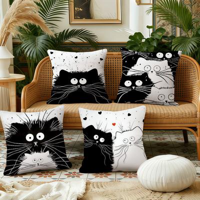 Cute Black and White Cat Cushion Cover Pillow Case Plush Fabric Soft Double Sided Print Sofa Cushion Cover Throw Pillow Covers