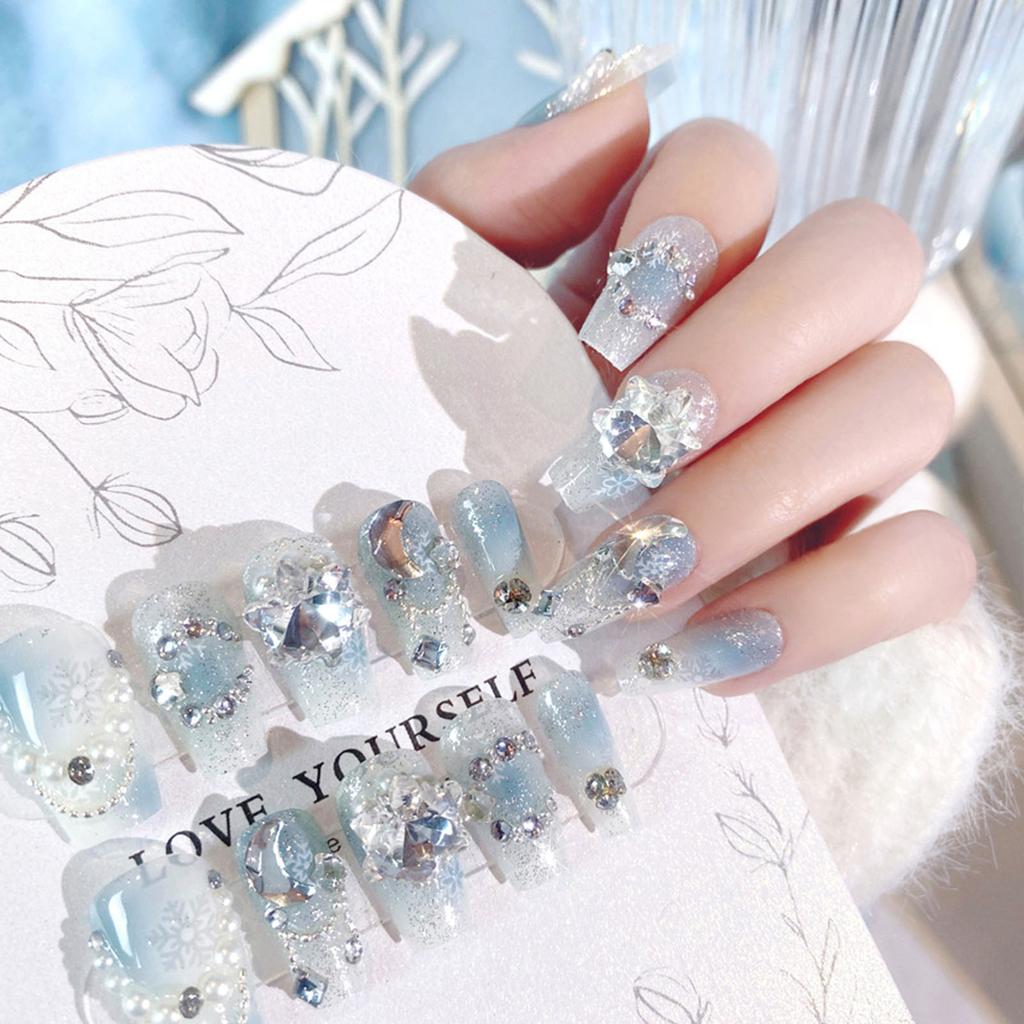 Christmas Blue Smudging Fake Nails Easy to Apply Simple to Peel off Nails for Stage Performance Wear