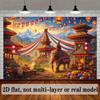 Vibrant Nepalese Festival Tapestry, Colorful Temple Celebration with Elephant, Floating Lanterns and Snow-Capped Himalayas, Rich Cultural Wall Art
