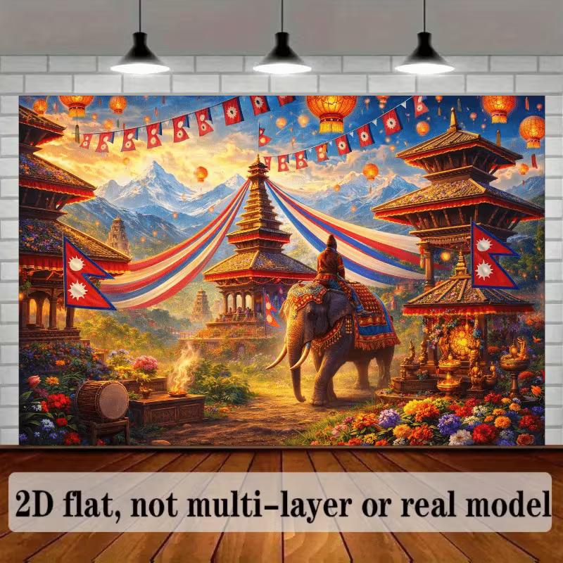 Vibrant Nepalese Festival Tapestry, Colorful Temple Celebration with Elephant, Floating Lanterns and Snow-Capped Himalayas, Rich Cultural Wall Art