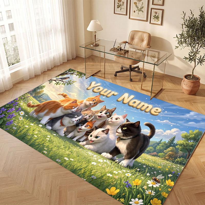 Cat Theme Crystal Velvet Floor Rug Personalized Custom Name Text Warm Carpet Home Decoration