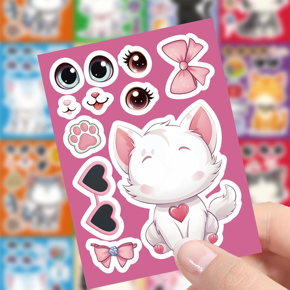 8/16sheets Kawaii Cat Cartoon Puzzle Stickers Make a Face DIY Funny Creative Assemble Jigsaw Decals Theme Party Decoration Toys